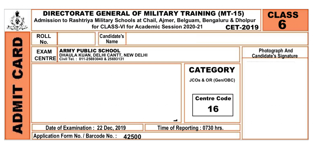 Sample admit card for RMS CET