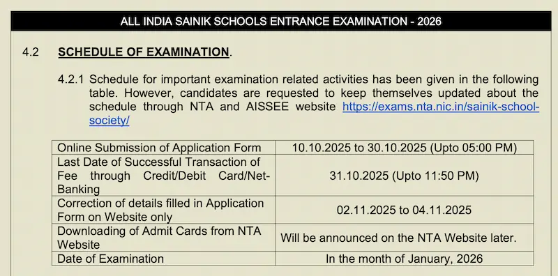 Schedule of AISSEE 2026
