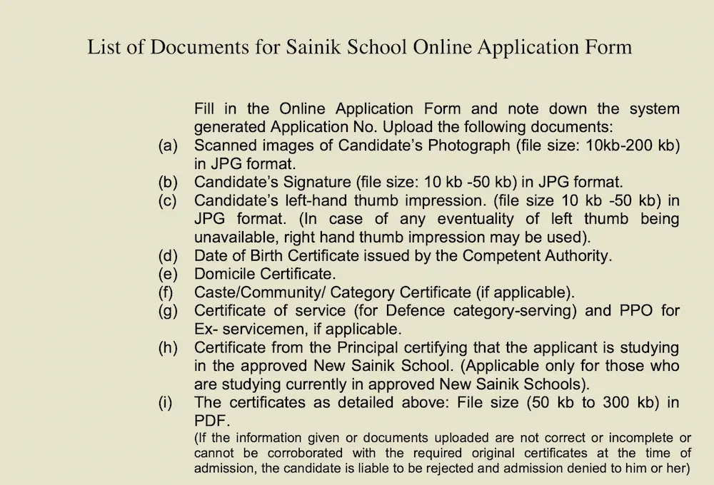 List of Documents for Sainik School Online Application Form